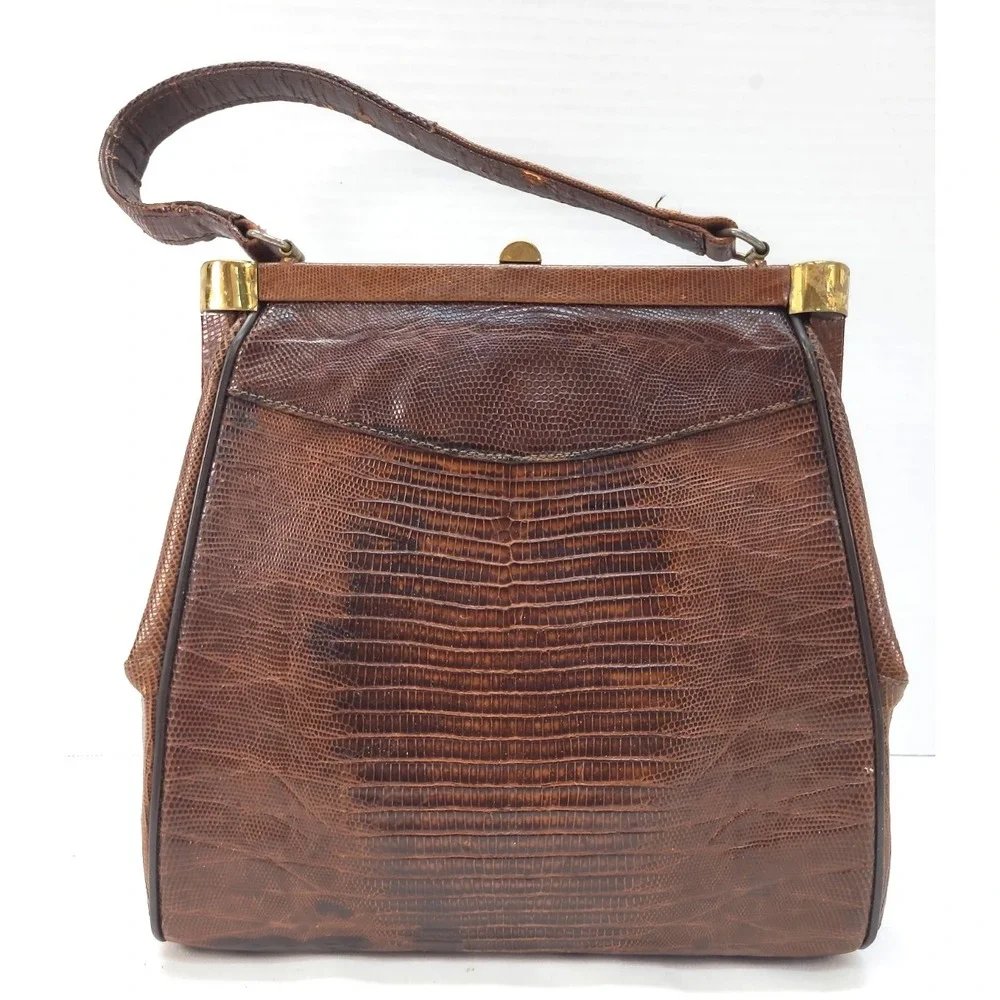 Vintag Brown Lizard Skin Handbag Goldtone Hardware Kiss Lock Closure